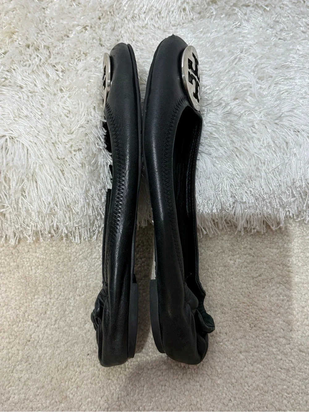 Tory Burch Reva ballet flats black leather with silver logo 9.5